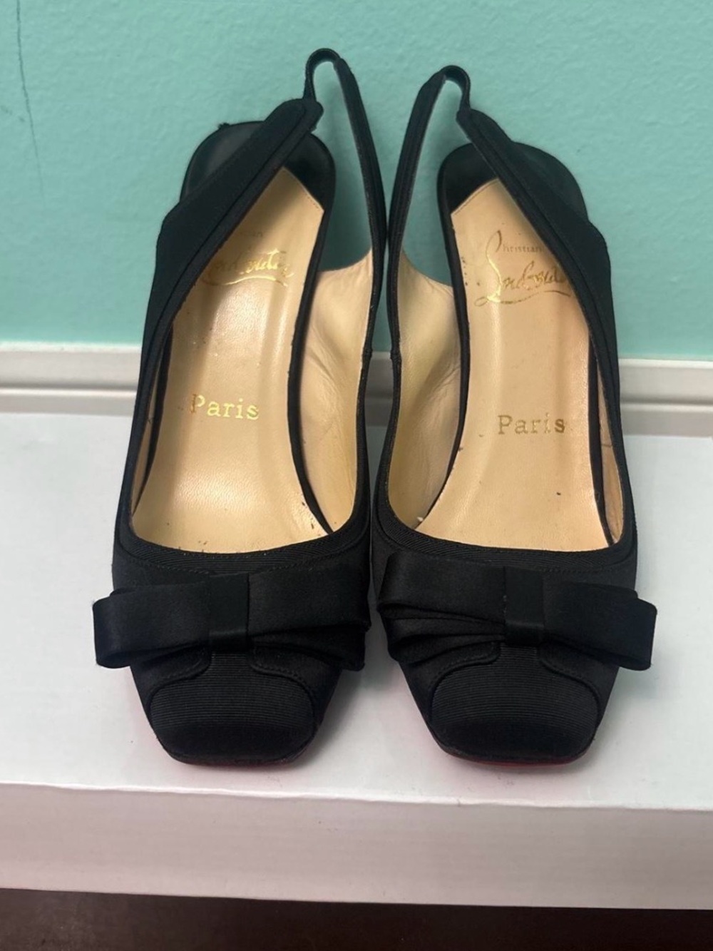 Christian Louboutin Black Satin Slingback Pumps with Bow Detail
